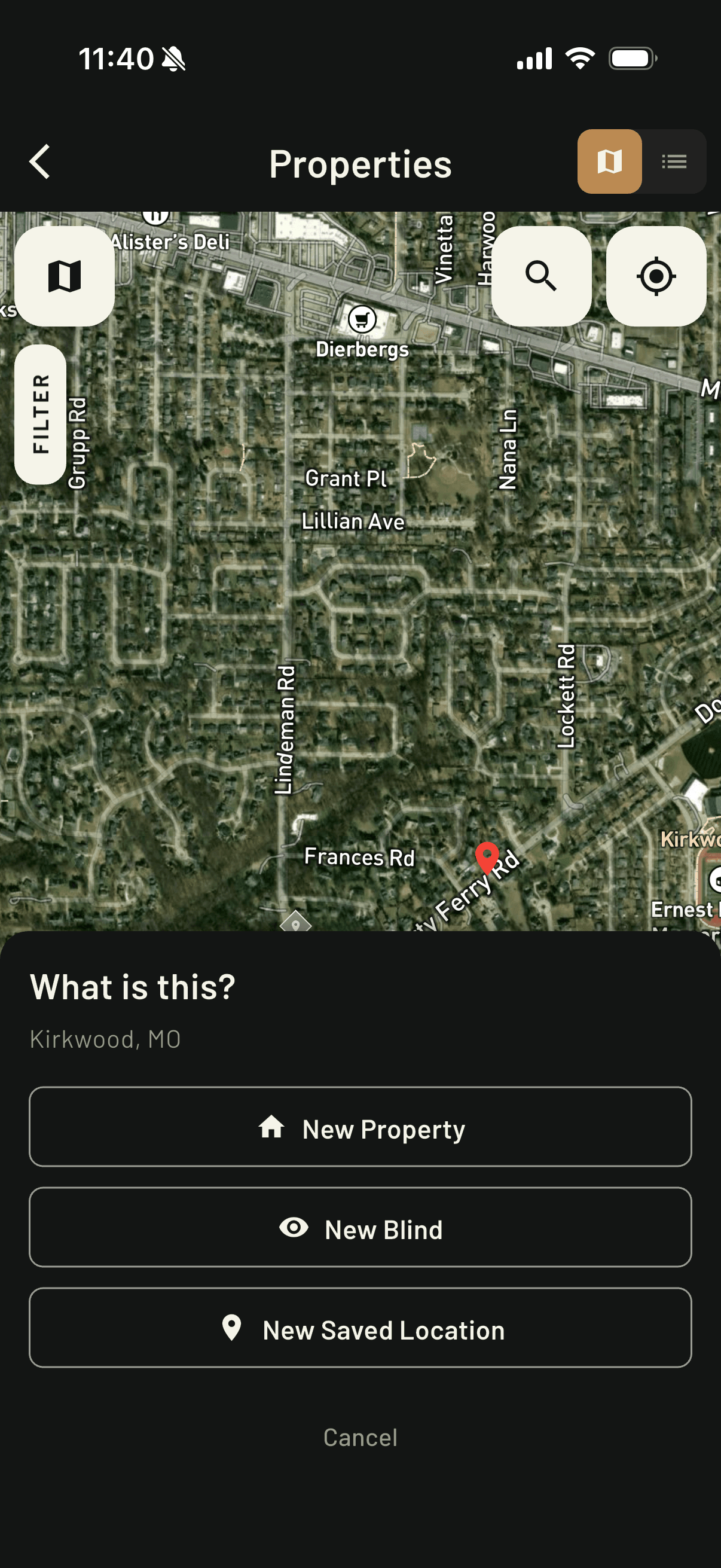 Properties map for adding blinds and locations