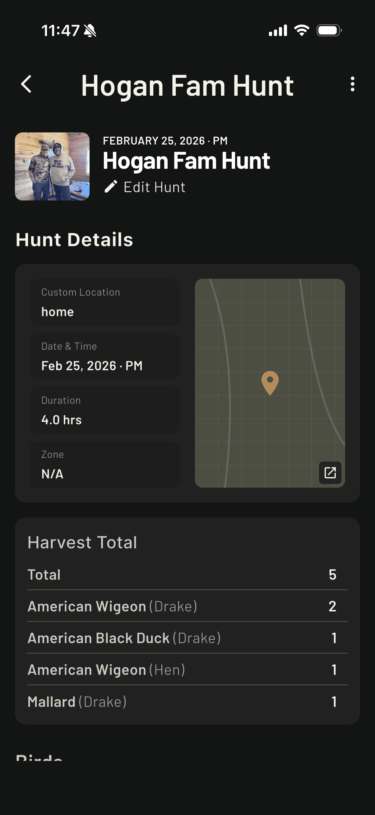 Hunt details with harvest breakdown and map