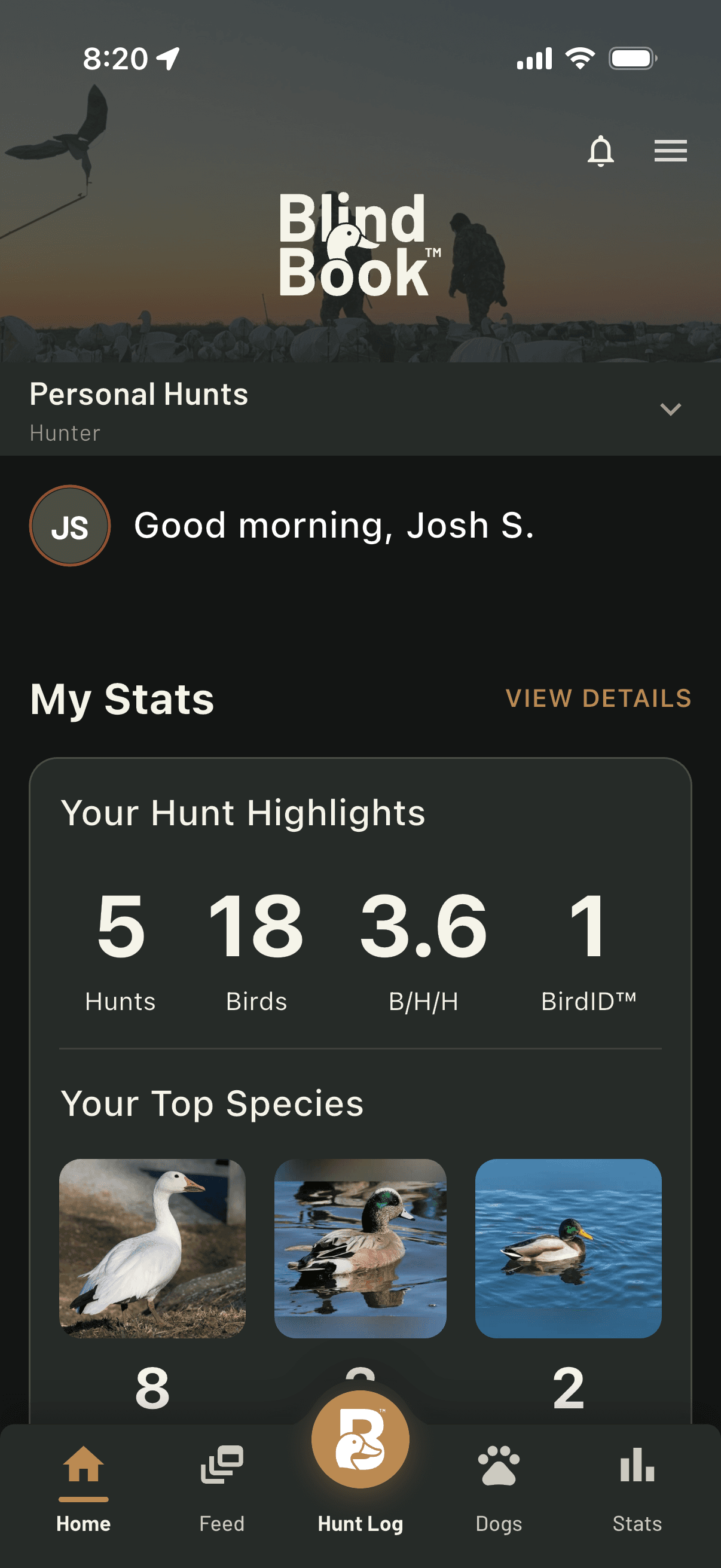 Personal hunt stats showing hunts, birds, and top species