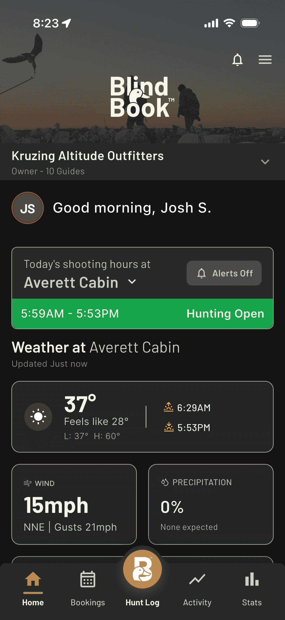 Outfitter dashboard with weather and shooting hours