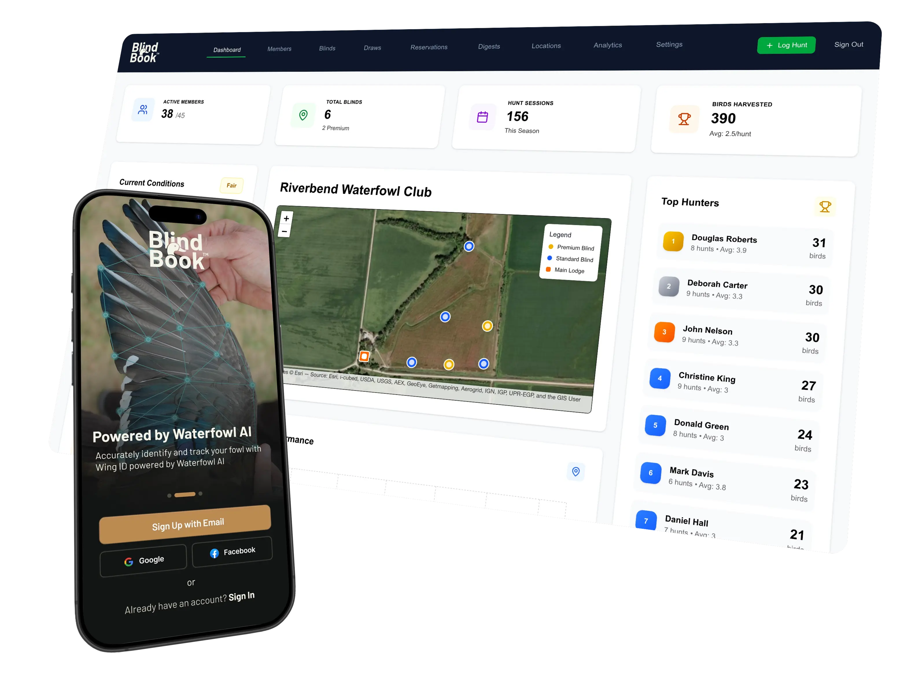 BlindBook dashboard showing club management, map view, top hunters leaderboard, and mobile app